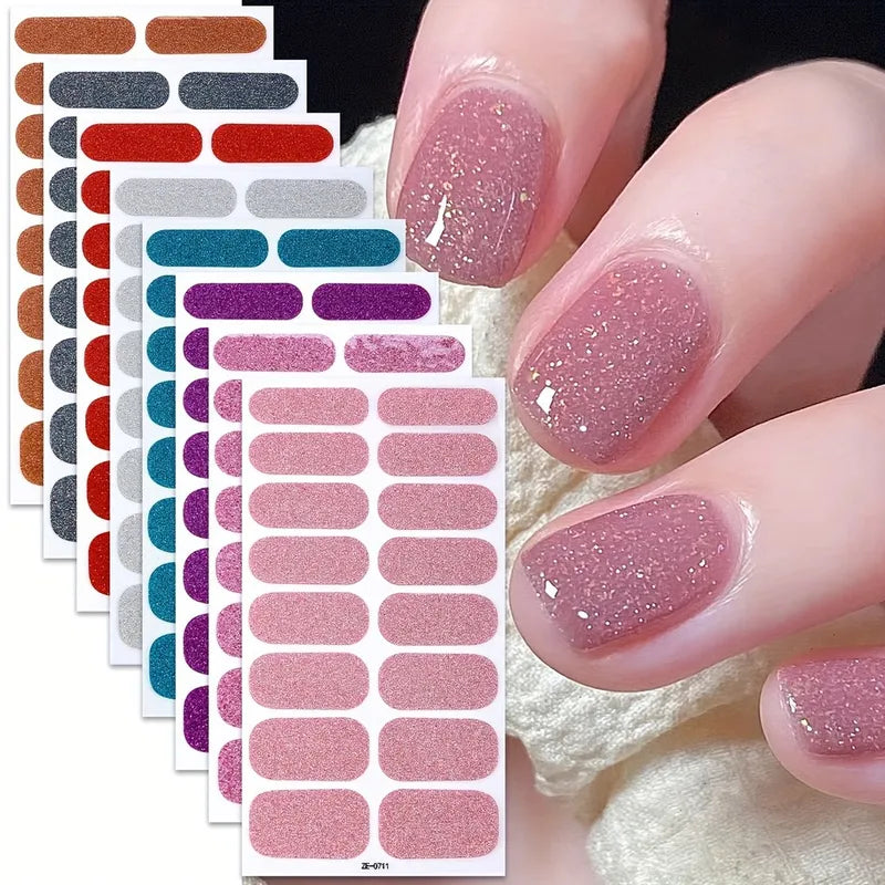 Pink Glitter Nail Stickers - Self-Adhesive Full Wrap Gel Nail Art Decals for Women