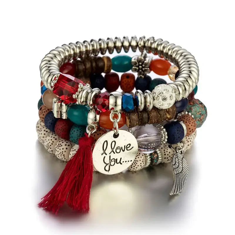 Bohemian Beaded Bracelet Set for Women with Letter, Wing, Tassel Charms, Elastic Chain Bangles, Boho Jewelry