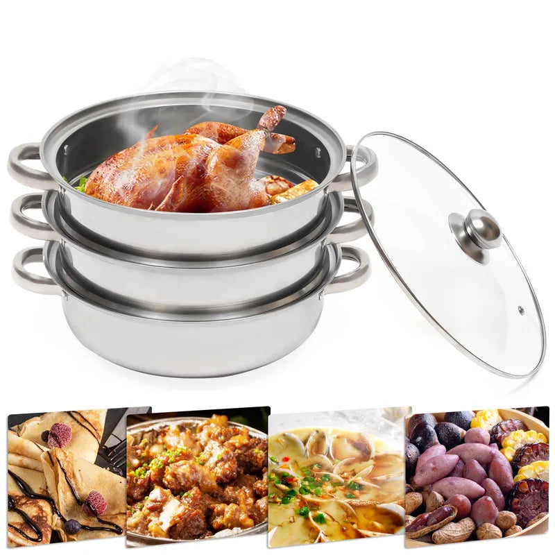 28cm 3-Tier Stainless Steel Food Steamer Set with Glass Lid for Healthy Cooking