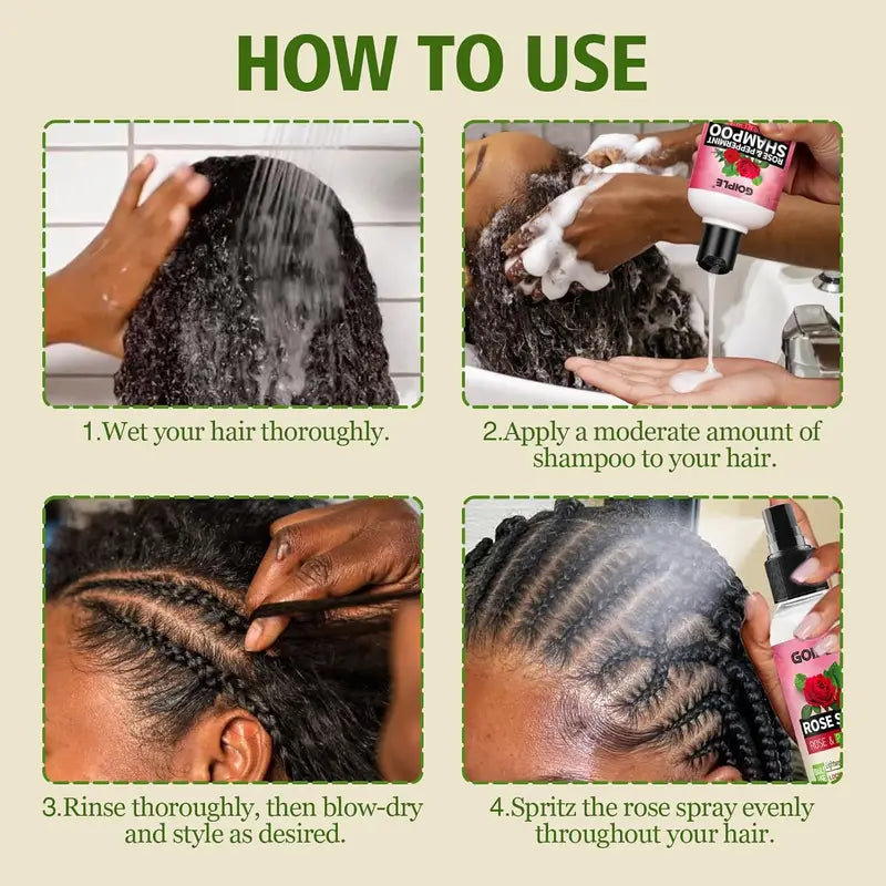 2-in-1 Rose & Peppermint Hair Shampoo and Spray Set for Locs & Twists - Deep Clean, Anti-Frizz, Scalp Relief
