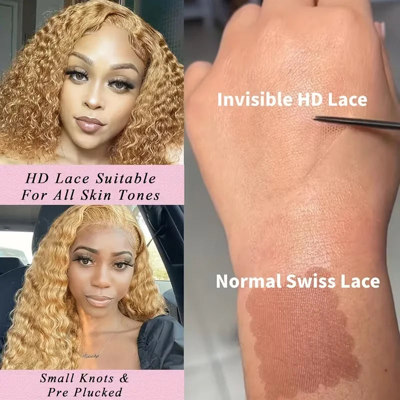 Deep Wave Lace Front Wig Honey Blonde HD 13x6 Transparent Frontal Human Hair 26-32in