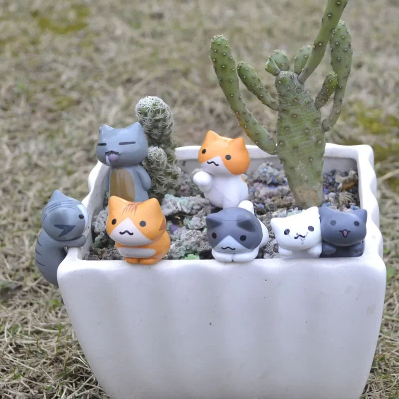 Miniature Lucky Cat Garden Decor Set - Resin Bonsai Landscape Ornaments - 6 Pcs