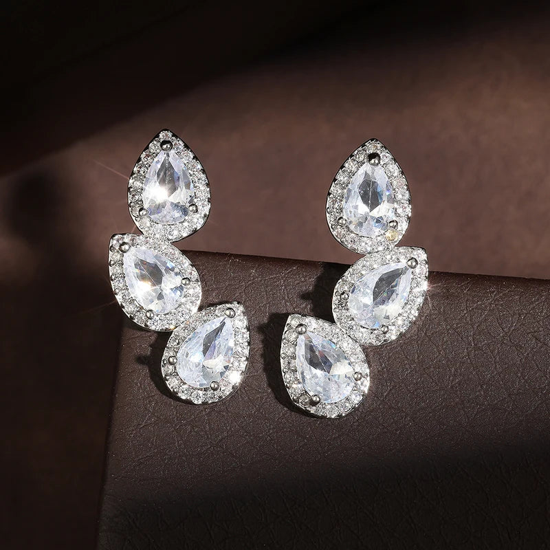 Luxury Zircon Leaf Stud Earrings for Women - Crystal Water Drop Ear Jewelry