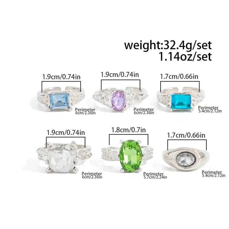 6-Piece Acrylic Rhinestone Adjustable Open Stackable Finger Rings for Women