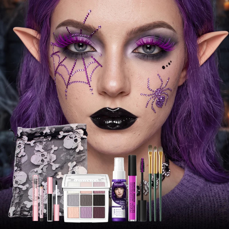 Halloween Makeup Set with Eyeshadow Palette, Lipstick, Hair Dye & Brushes