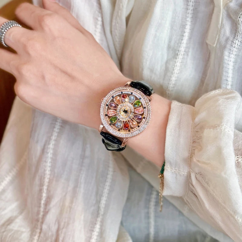Women's Quartz Watch with Colorful Rhinestone Inlay and Rotatable Dial