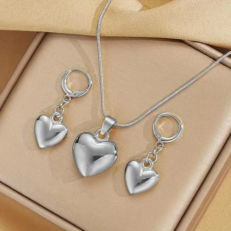 Heart-Shaped Necklace and Earring Jewelry Set for Women - Gold & Silver Options