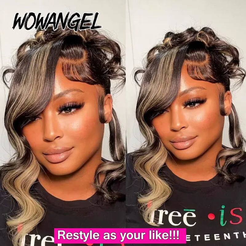 Highlight Colored Wig 34 Inch Body Wave Human Hair Lace Frontal Wig - Melt Skin HD Lace