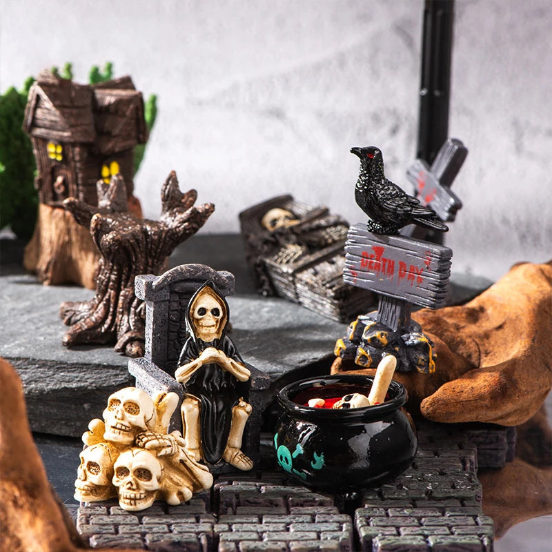 Halloween Micro Landscape Decoration Set - Raven Skull Tombstone Skeleton Ghost Figurines