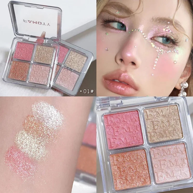 4-Color Face Highlighter Palette Natural Glow Waterproof Glitter Makeup
