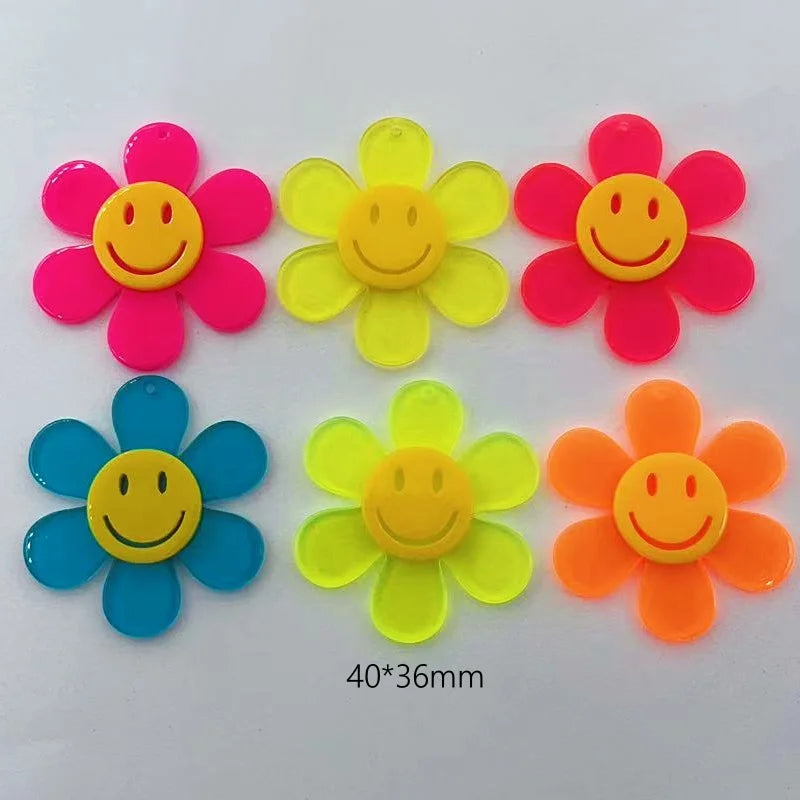 10pcs Colorful Smile Face Flower Charms Acrylic Embellishments for Jewelry & DIY Crafts