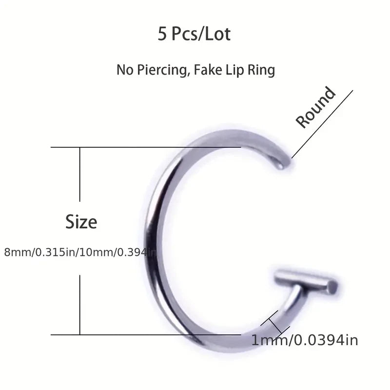 5pcs Hypoallergenic Clip-On Lip Rings Stainless Steel Fake Piercing Hoops for Women and Men