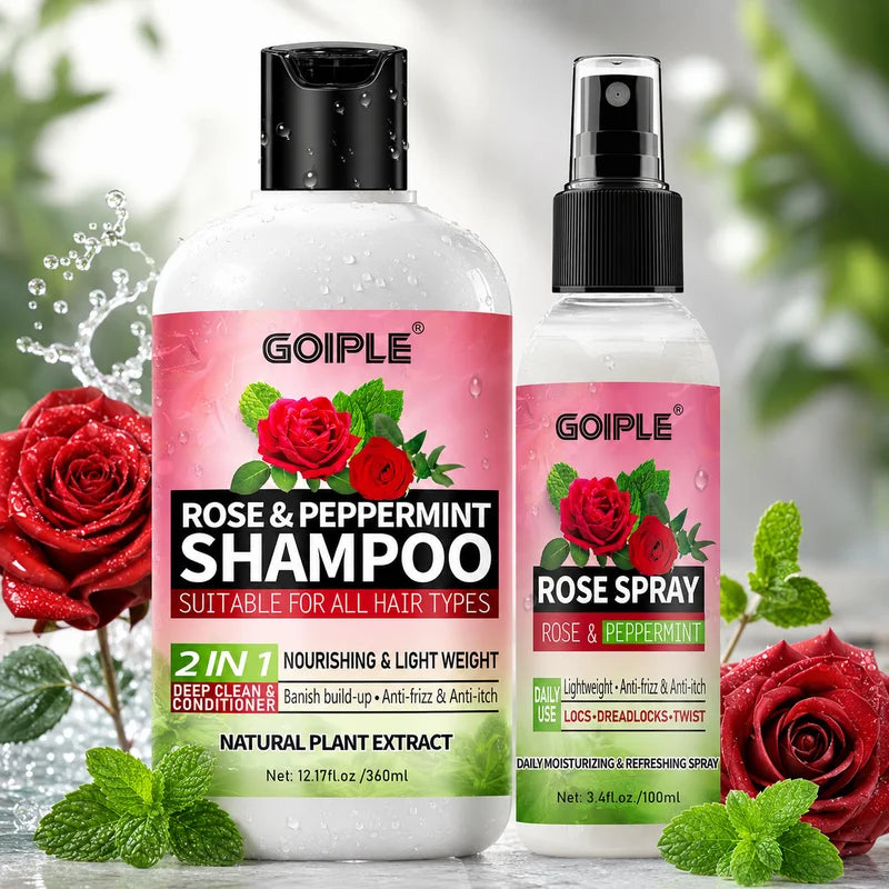 2-in-1 Rose & Peppermint Hair Shampoo and Spray Set for Locs & Twists - Deep Clean, Anti-Frizz, Scalp Relief