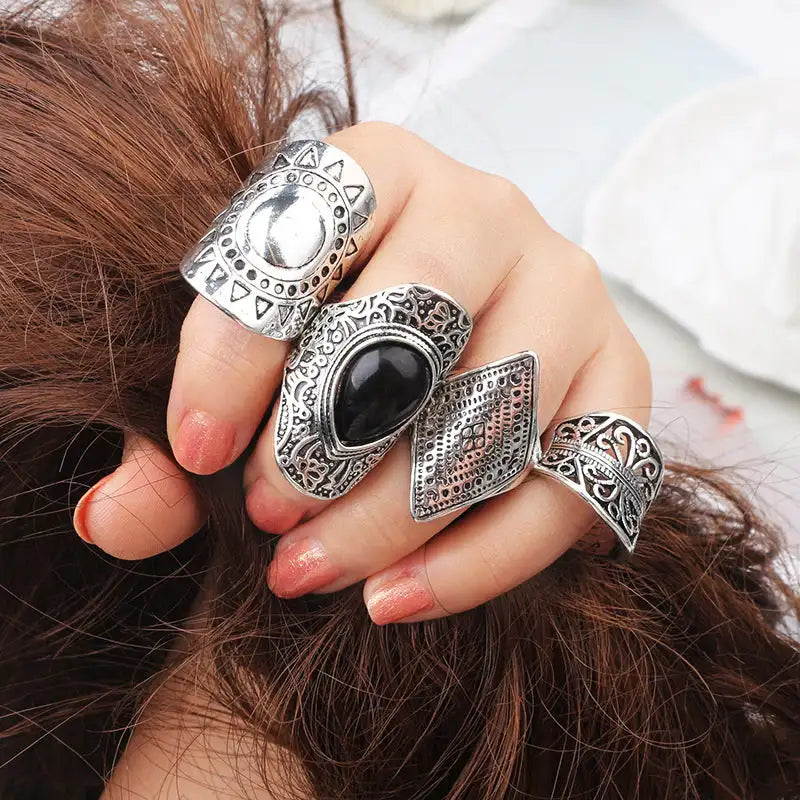 Vintage Silver Plated Boho Ethnic Midi Knuckle Rings 4-Piece Set Women Jewelry