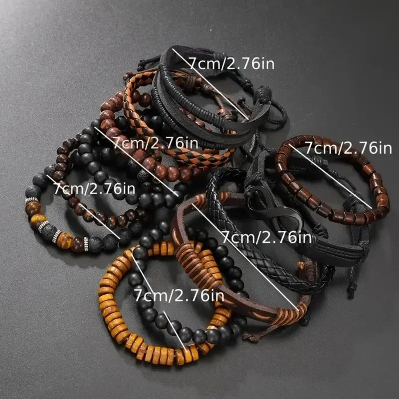 12Pcs Vintage Woven Faux Leather Beaded Bracelets Set for Casual and Party Wear