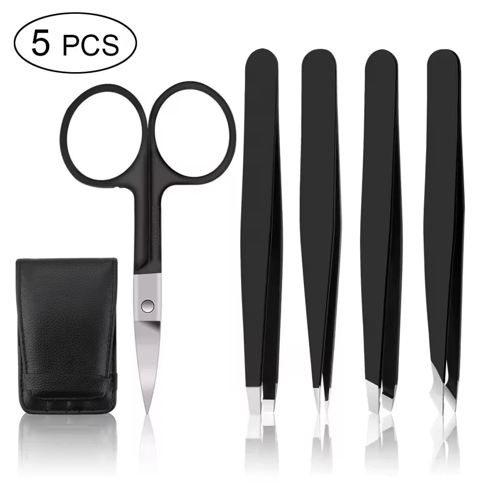 5-Piece Stainless Steel Eyebrow & Lash Tweezers Set Professional Hair Removal Tools
