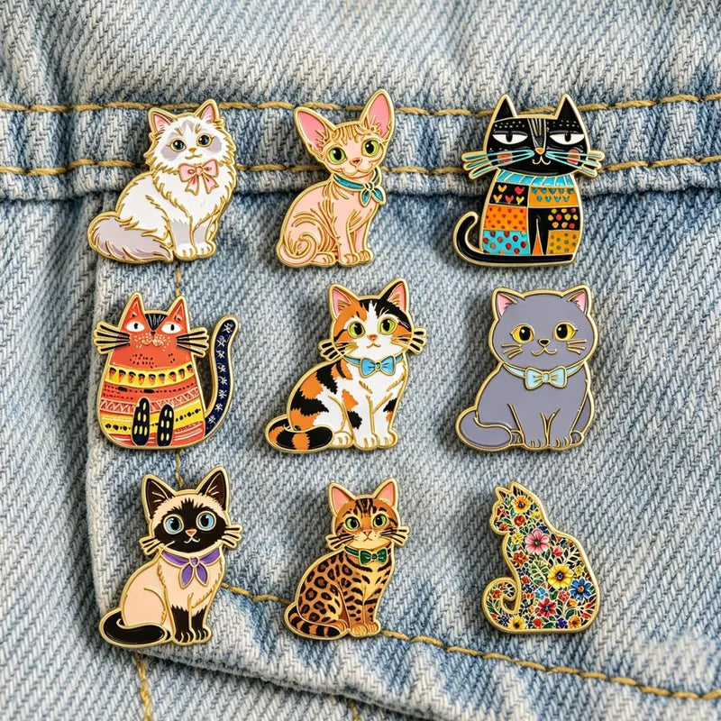 Cute Multi-Style Cat Enamel Pins with Leopard Floral Design - Lapel Brooches for Pet Lovers