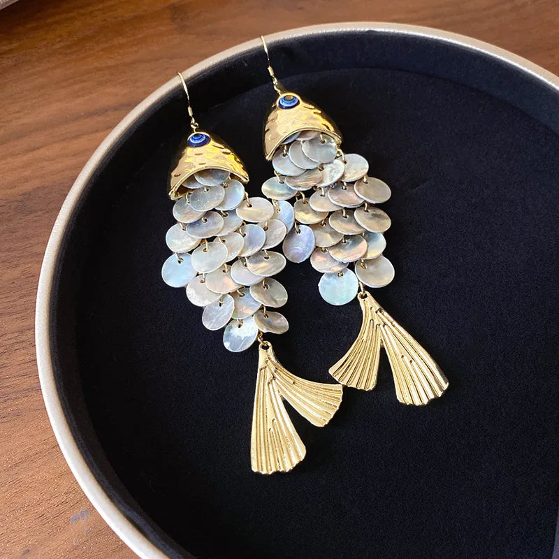 Round Shell Fish-Shaped Dangle Earrings for Women Trendy Jewelry Gift