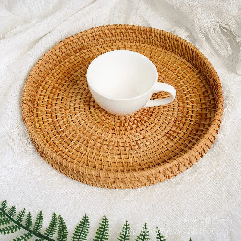 Hand-Woven Vietnam Rattan Round Tray Basket Japanese Style Bread Storage Organizer
