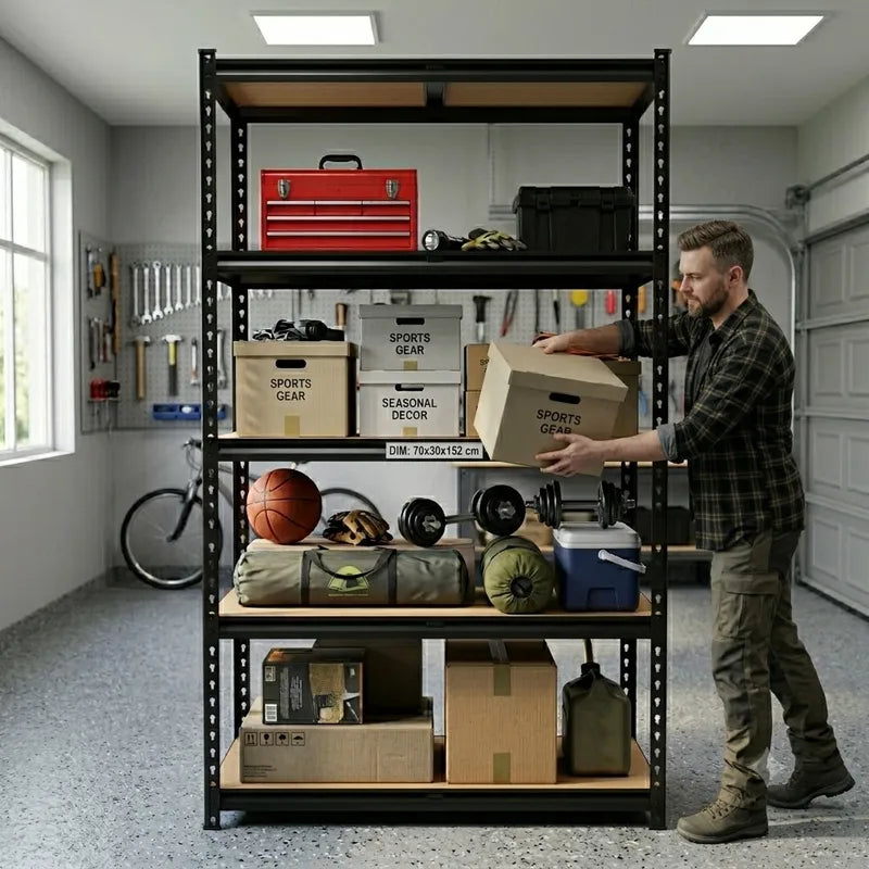 Heavy Duty 5-Tier Garage Shelving Unit - Space-Saving Metal Storage Rack with MDF Boards