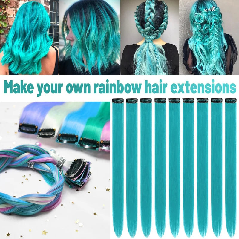 12 Pcs Teal Blue Clip-In Hair Extensions for Kids & Girls - 22 Inch Synthetic Highlights