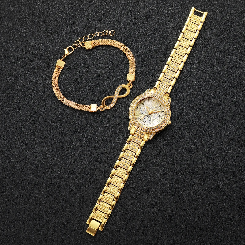 Luxury Women’s Diamond Quartz Wristwatch & Bracelet Set - Fashion Accessories