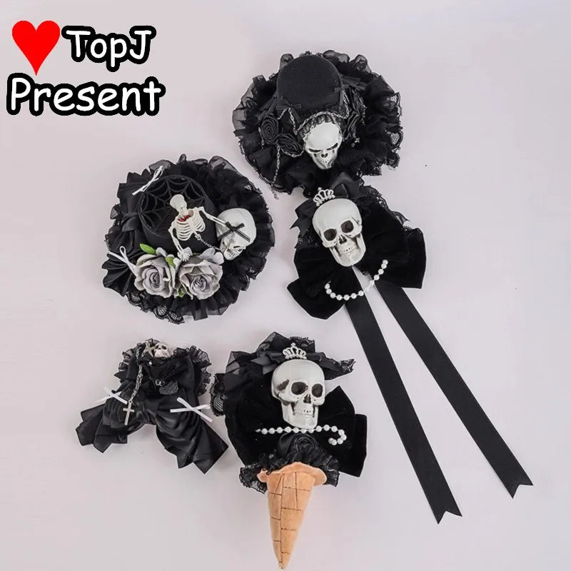 Gothic Lolita Punk Halloween Cosplay Hair Accessories Top Hat with Skull Bow Clips - Handmade