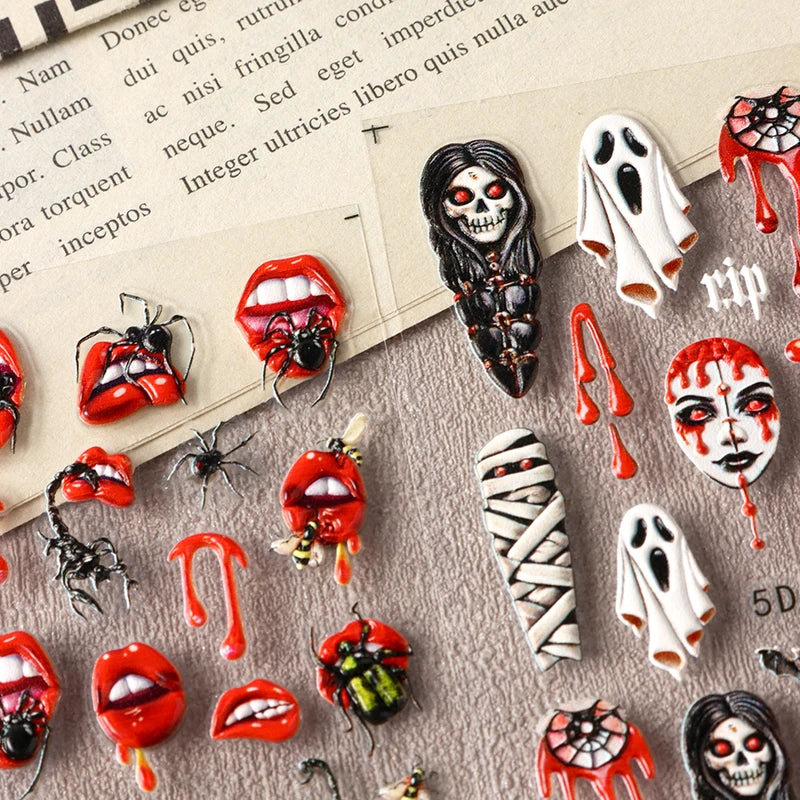 Halloween Ghost Mummy Blood Nail Stickers - 2 Pack Spooky Nail Art Decals for Manicure