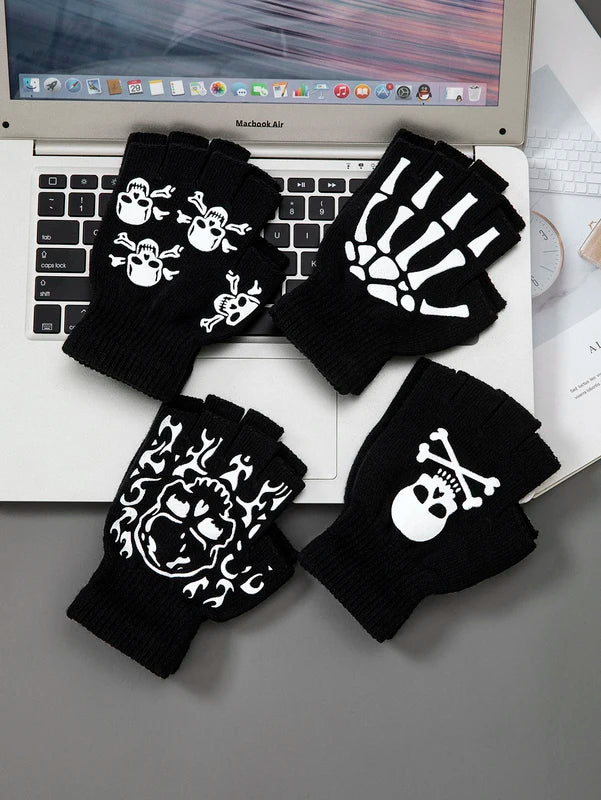 Kids Halloween Skeleton Skull Half Finger Luminous Punk Gloves Black & Green