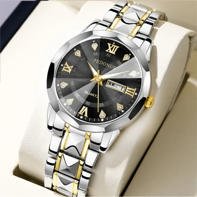 Men's Business Quartz Wristwatch with Steel Band Dual Calendar High Quality