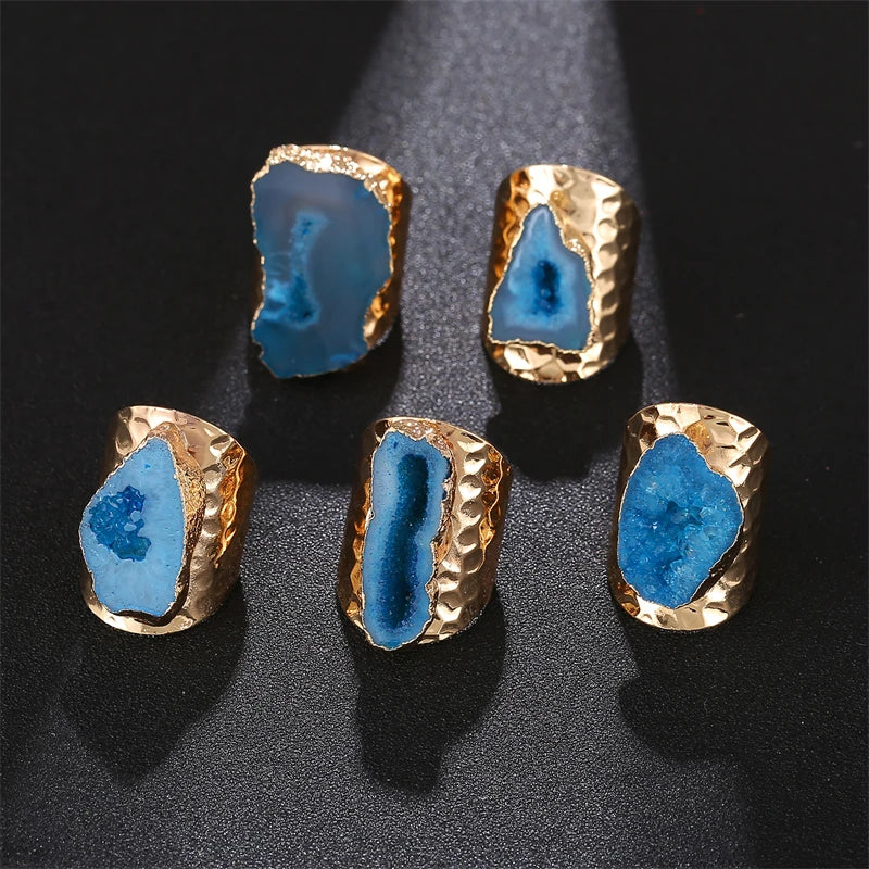 Natural Agate Stone Wide Open Adjustable Ring for Women Boho Jewelry