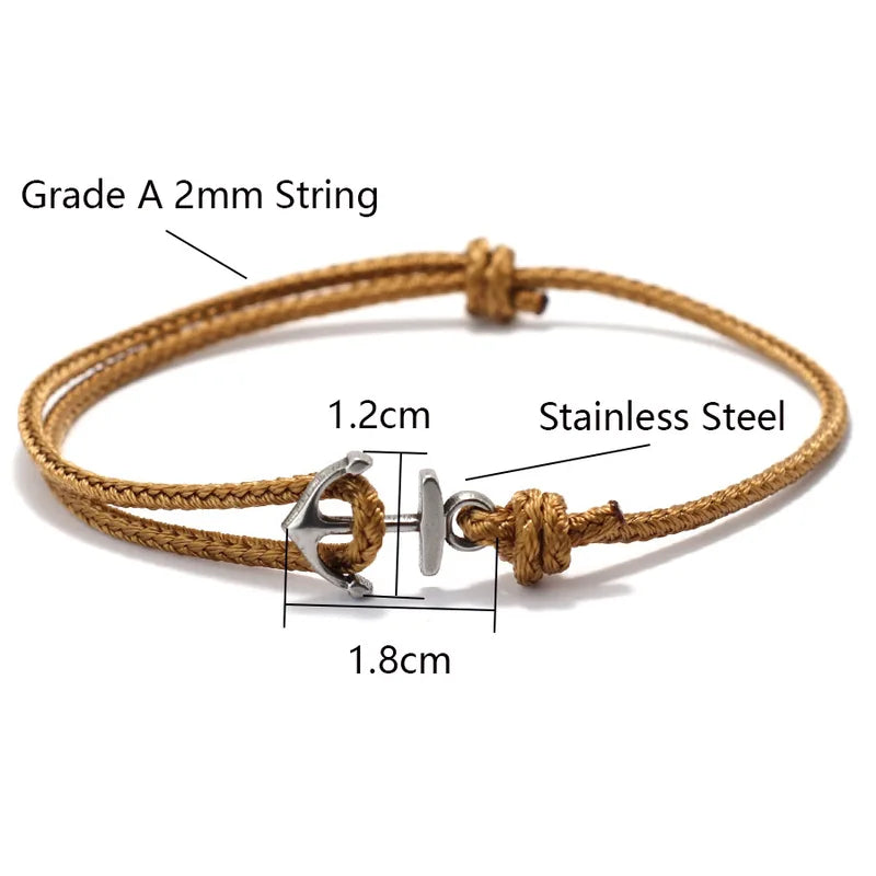 Adjustable 2mm Rope Bracelet for Men Women Stainless Steel Anchor Jewelry