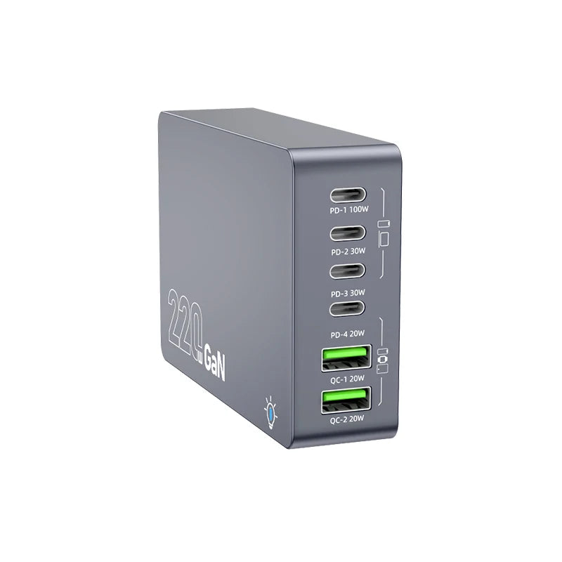 220W GaN Desktop Charger with 6 USB Ports Fast Charging Station for Smartphones Tablets Laptops