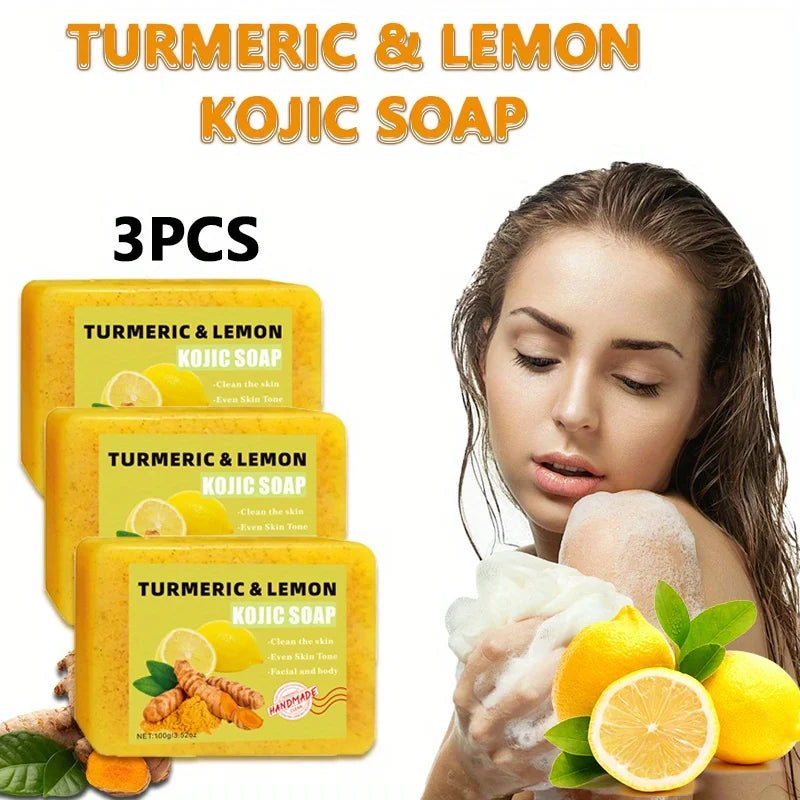 3PCS Lemon Turmeric Kojic Acid Soap for Face & Bath - Deep Moisturizing, All Skin Types