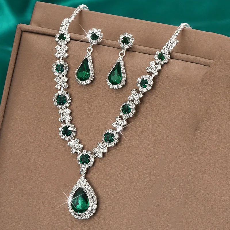 Women’s Crystal Droplet Necklace and Earrings Set for Weddings and Formal Events