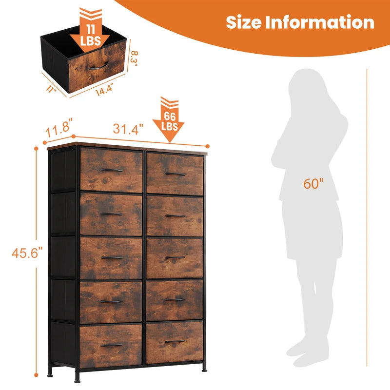 10-Drawer Fabric Bedside Storage Cabinet with Steel Frame for Bedroom and Living Room