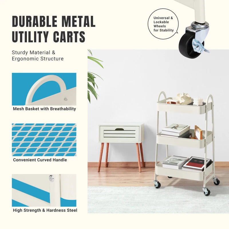 3-Tier Metal Storage Cart with Lockable Wheels - Mobile Utility Organizer for Kitchen, Home & Office