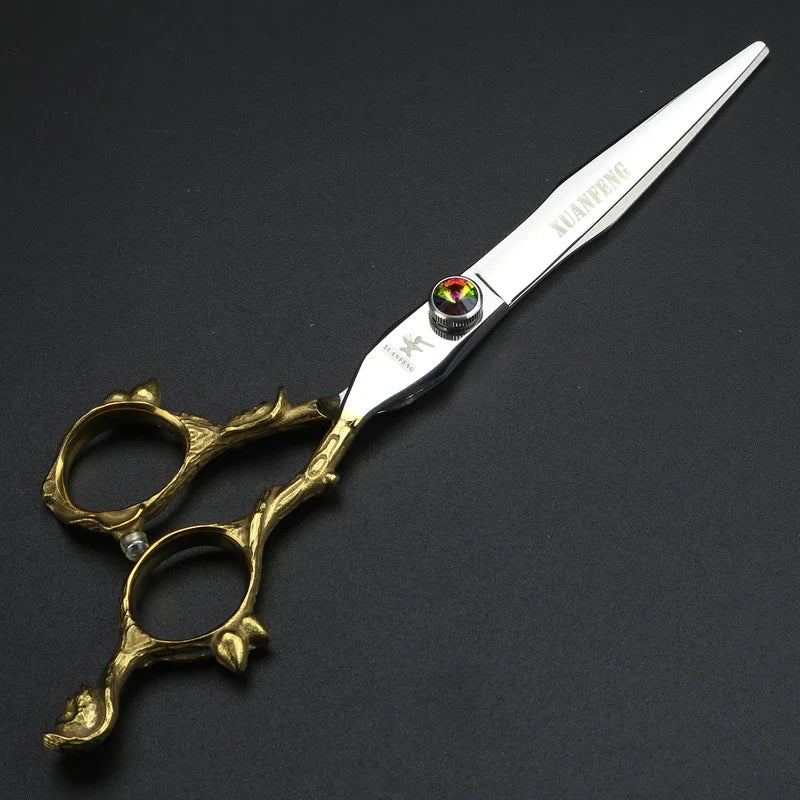 7 Inch Gold Hair Cutting Scissors Japan 440C Steel Salon Thinning Shears