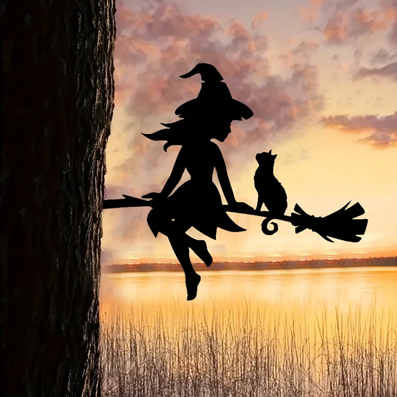 Witch & Cat Garden Decor - Durable Iron Halloween Outdoor Sculpture