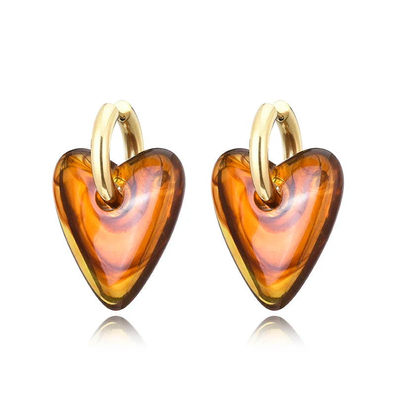 Vintage Heart Pendant Hoop Earrings for Women Gold Silver Acrylic Resin Jewelry