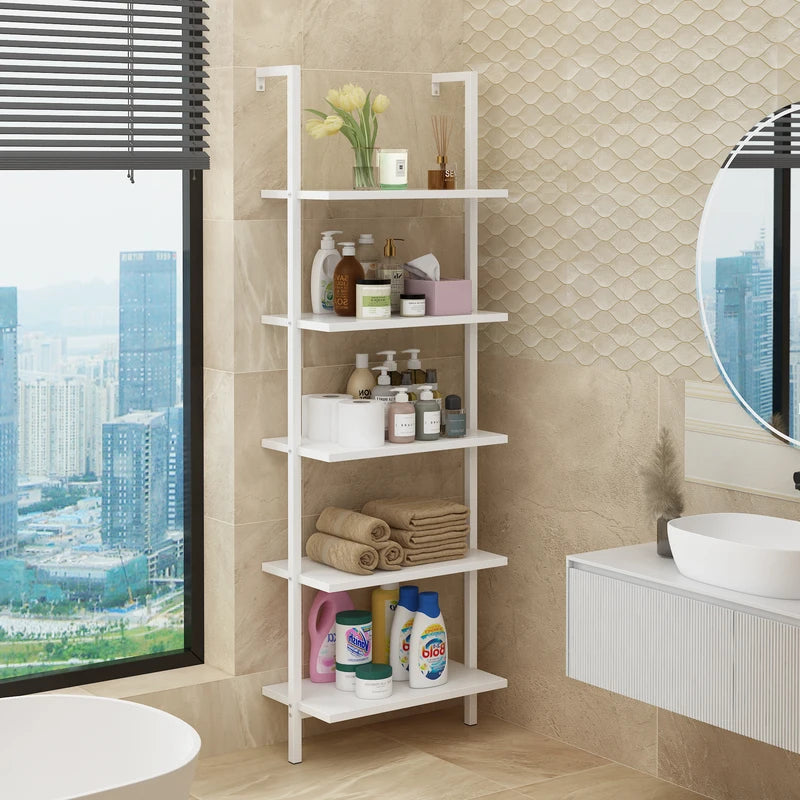 5-Tier Ladder Wall Shelf Storage Rack White Living Room & Study Organizer
