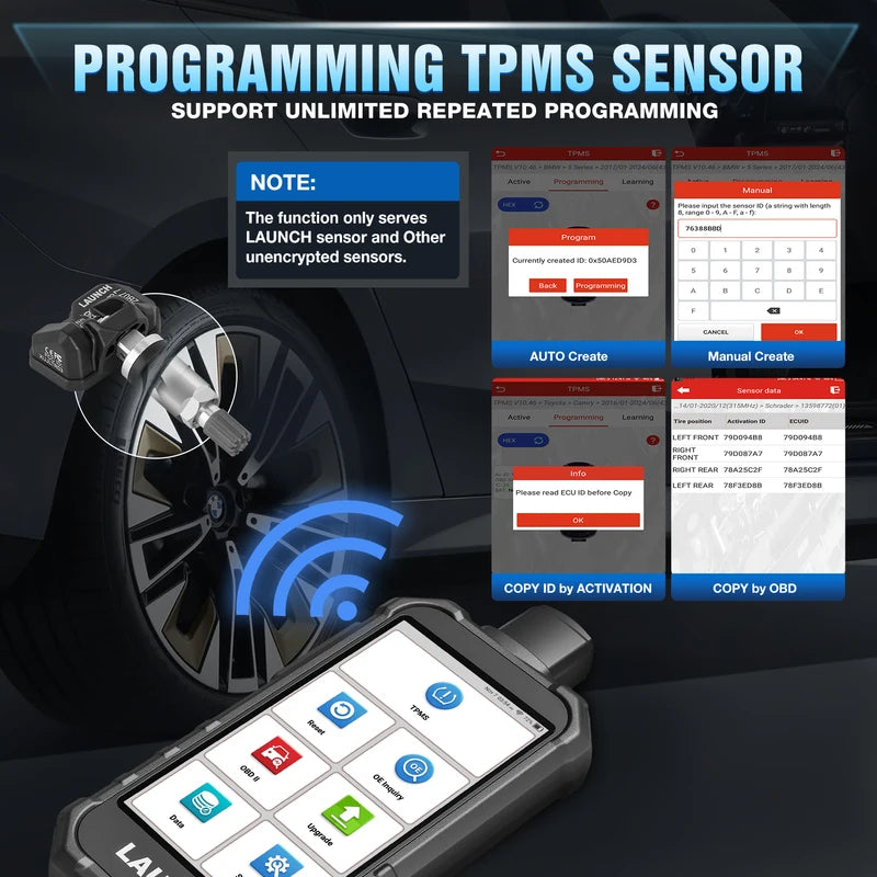 TPMS Diagnostic Tool with 4 Sensors for Vehicle Tire Pressure Monitoring