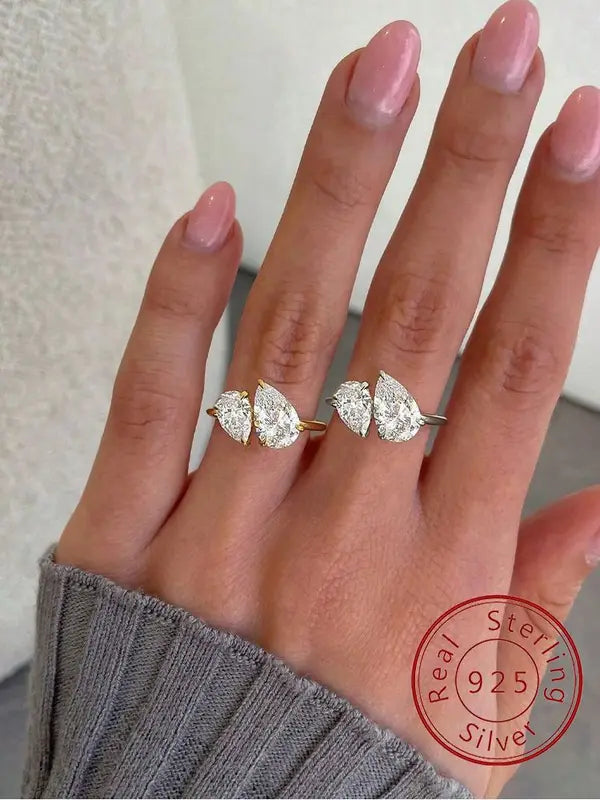 Sterling Silver Water Drop Ring with Sparkling Clear Pears for Women - Wedding Gift Jewelry