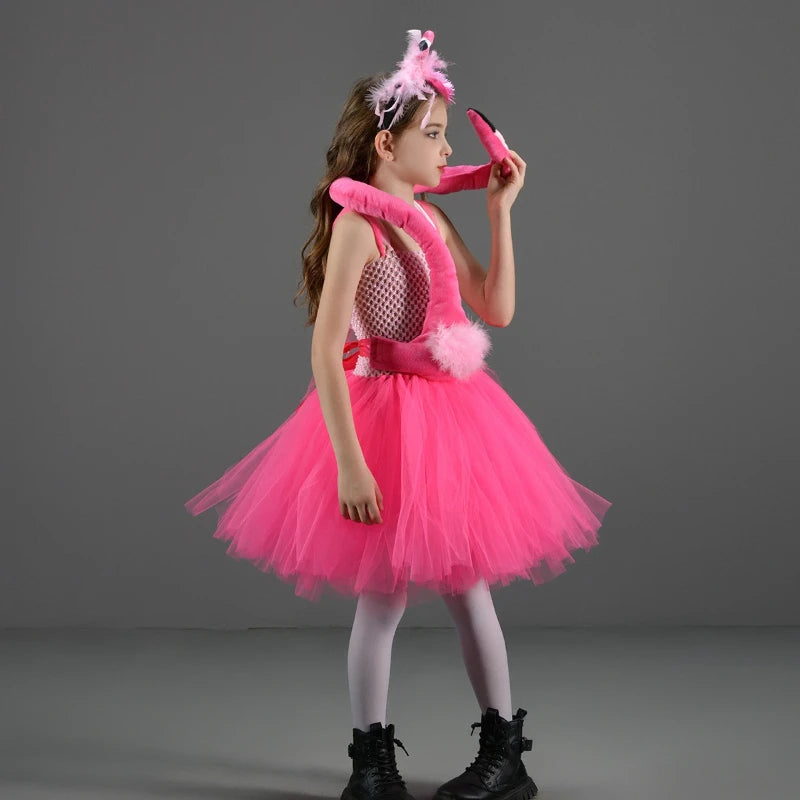 Girls Halloween Pink Flamingo Costume with Puffy Skirt for Stage & Party