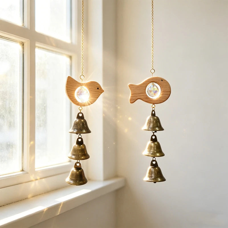 Beech Wood Crystal Wind Chime with Copper Bell - Garden Patio Wall Decor
