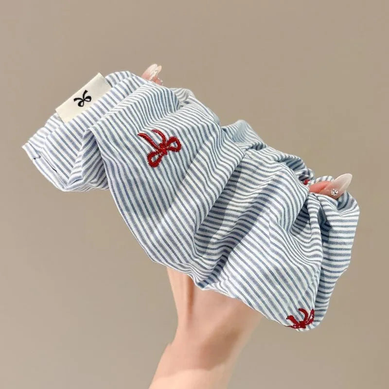 2pcs Blue Striped Red Bow Cherry Hair Scrunchies - Soft, Elastic & Gentle Hair Ties