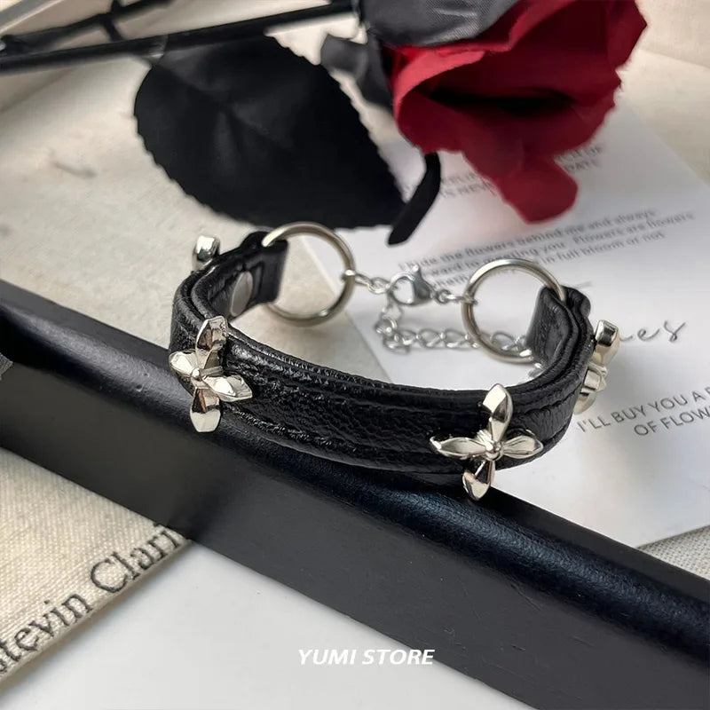 Vintage Cross Flower Leather Bracelet for Women Gothic Punk Adjustable Jewelry