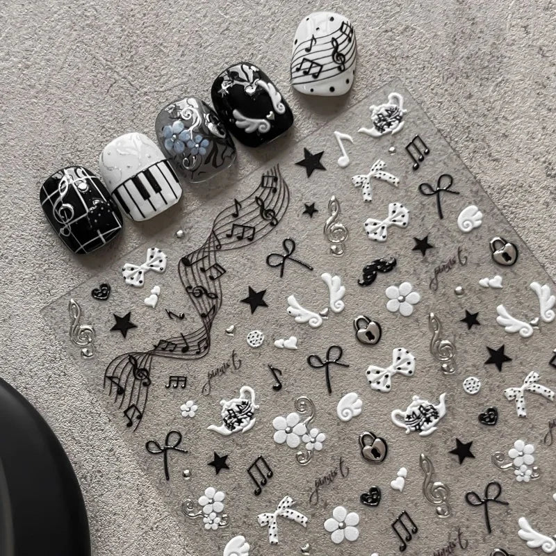 Music Style Nail Stickers - Piano Note Retro 3D Self-Adhesive Nail Art Decals
