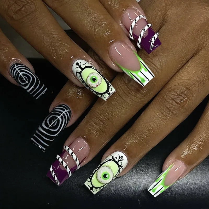 Halloween Long Press-On Nail Tips - Zombie Bride Ghost Pumpkin Print Reusable Fake Nails
