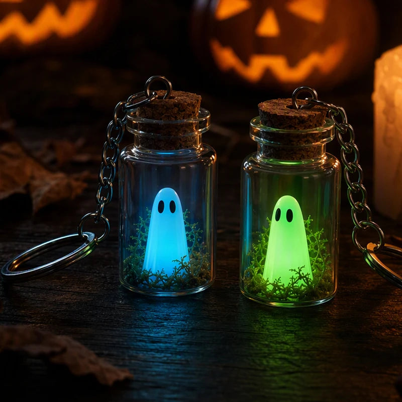 Glow-in-the-Dark Ghost Keychain with Glass Bottle Pendant - Halloween Jewelry Gift